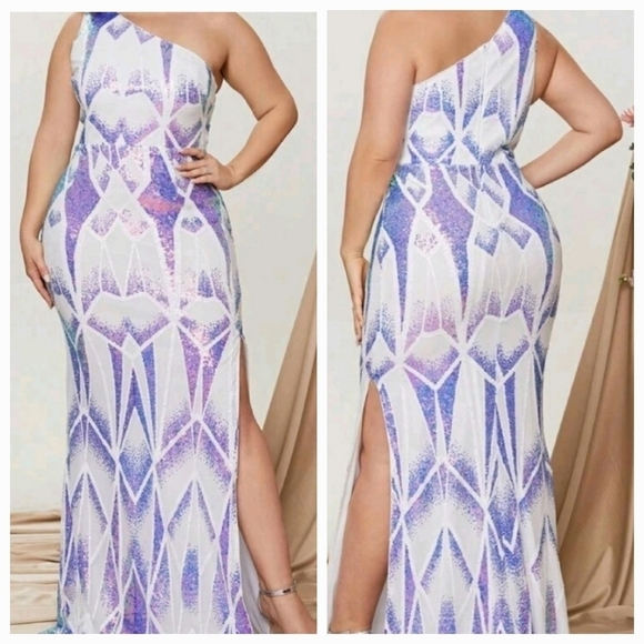 WHITE AND PURPLE ONE SHOULDER PLUS SIZE CONTRAST SEQUIN MERMAID MAXI GOWN - Picture 1 of 8